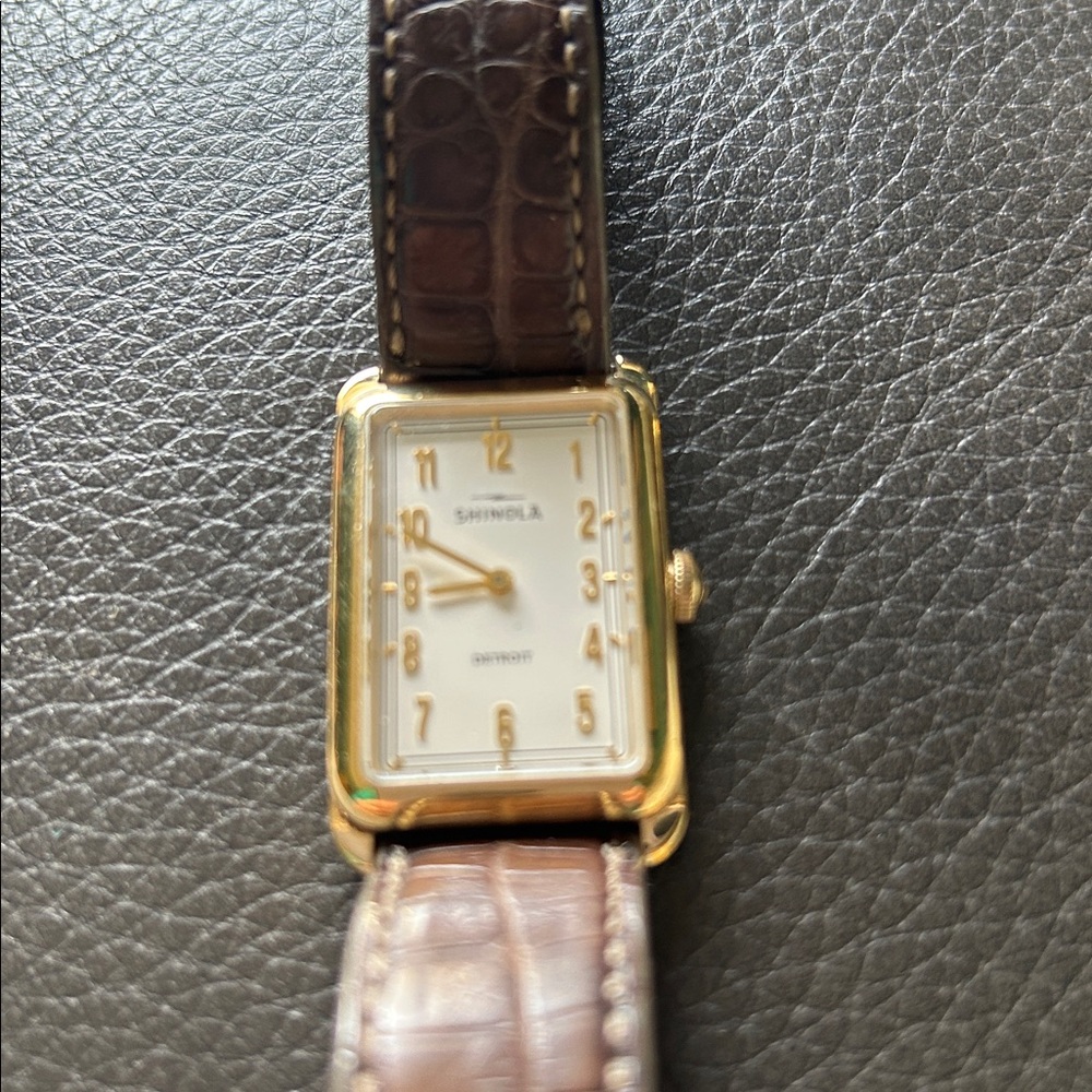 Gold-Tone Rectangular Shinola Watch with Brown Croc Leather Strap - Picture 5 of 6